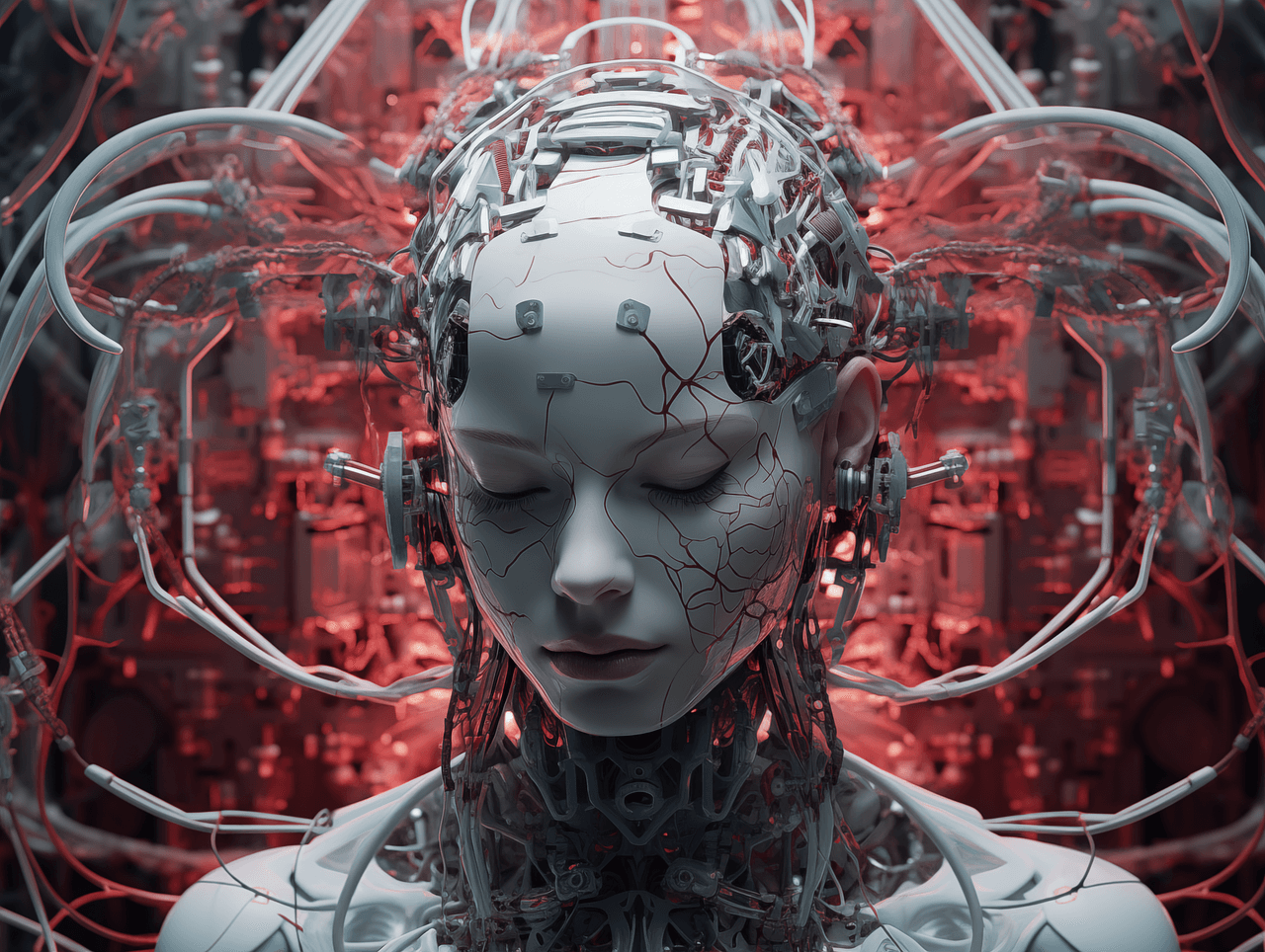 a robot woman with wires through her head