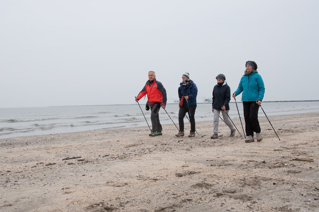 a group of 4 people nordic walking on the beach